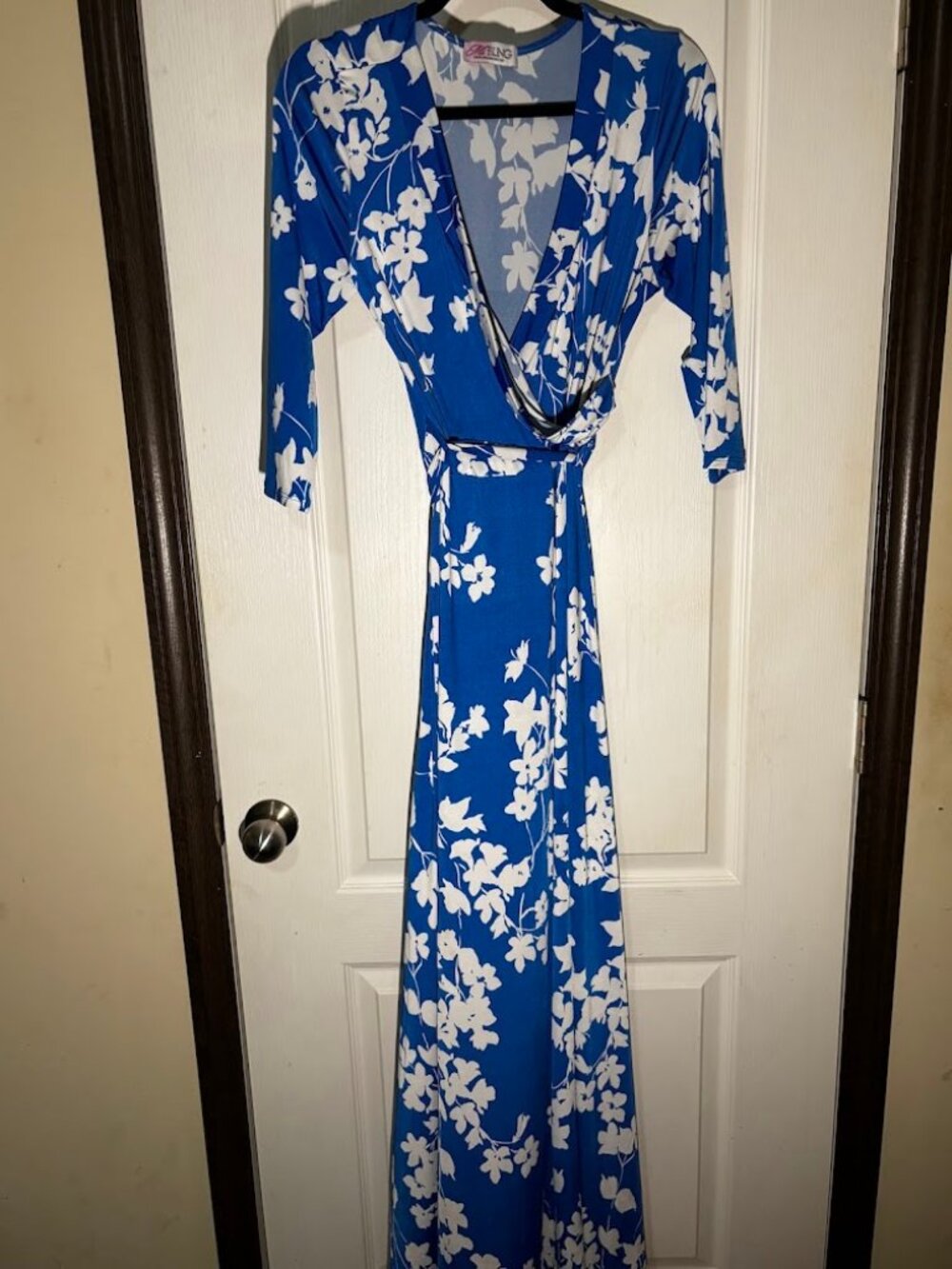Ms Bling Blue White Floral Wrap Maxi Dress V-Neck Belted